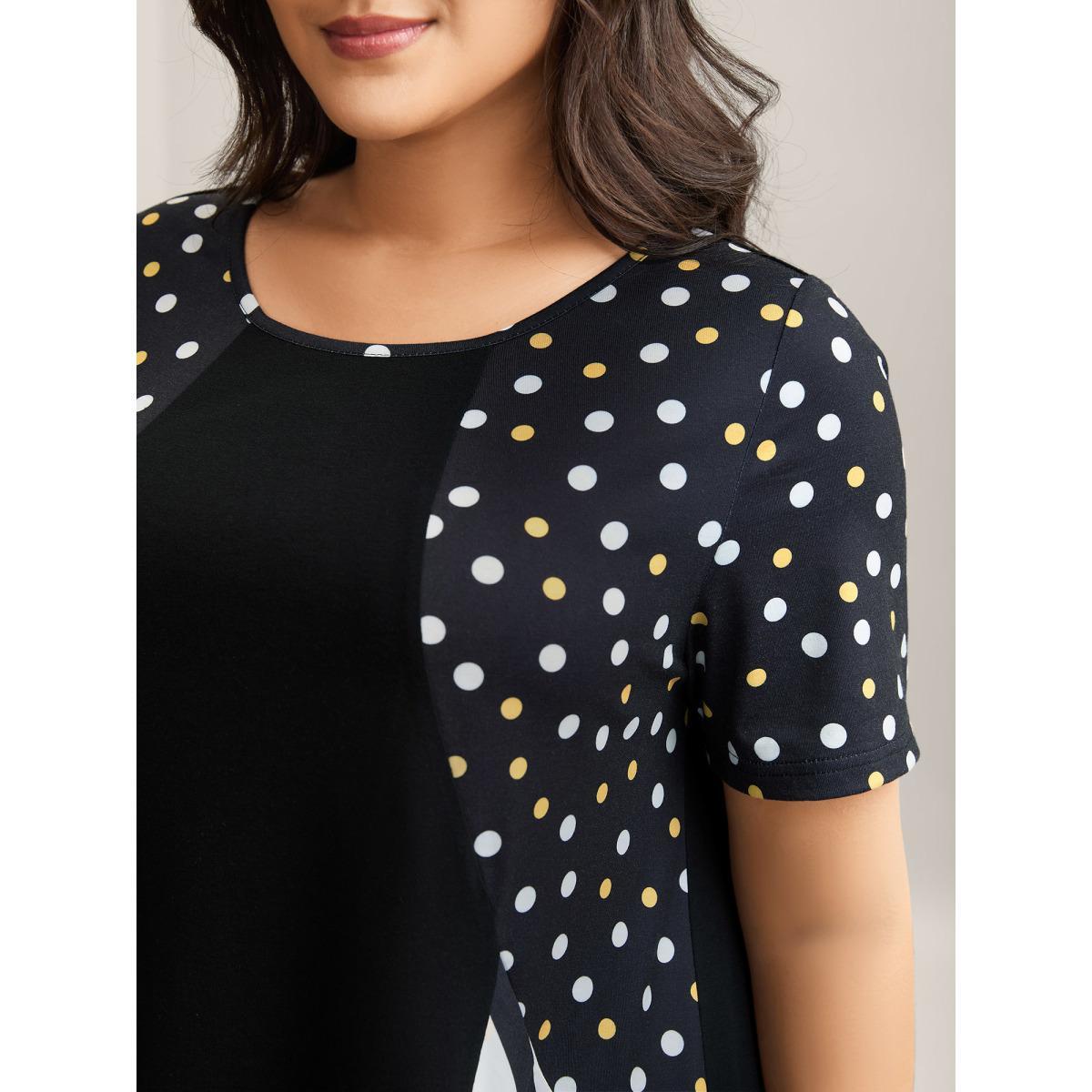 Plus Size Supersoft Stretchy Polka Dots Stripe T-Shirt Black Women Contrast Round Neck Everyday-Casual T-shirts BloomChic 28/5X Product Image