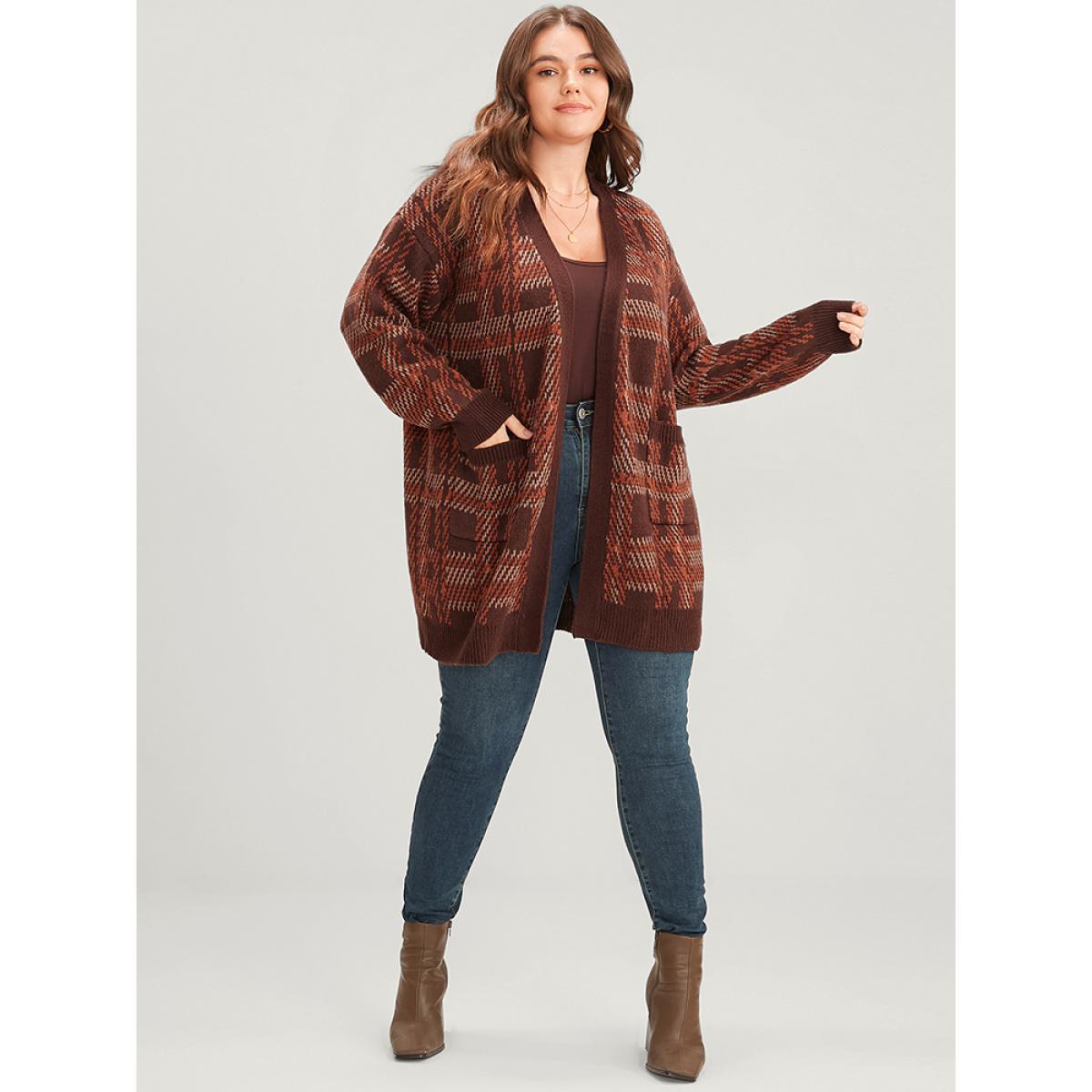 Plus Size Tartan Contrast Pointelle Knit Pocket Open Front Cardigan DarkBrown Women Casual Loose Long Sleeve Dailywear Cardigans BloomChic 28/5X Product Image