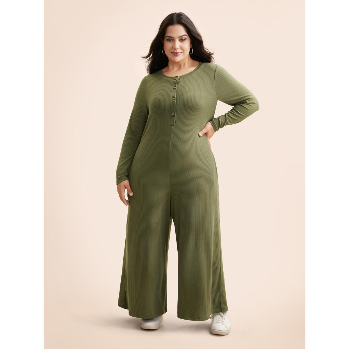 Plus Size ArmyGreen Supersoft Essentials Front Placket Onesie Women Casual Long Sleeve Round Neck Everyday Loose Jumpsuits BloomChic 10/M Product Image