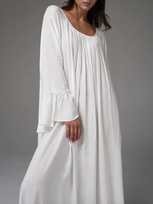 Flared Sleeves Loose Pleated Solid Color Split-Joint Round-Neck Maxi Dresses Product Image