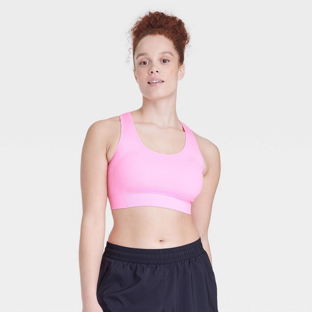 Women's Seamless Medium Support Racerback Midline Sports Bra - All In Motion™ Black M: Moisture Wicking, Removable Padding Product Image