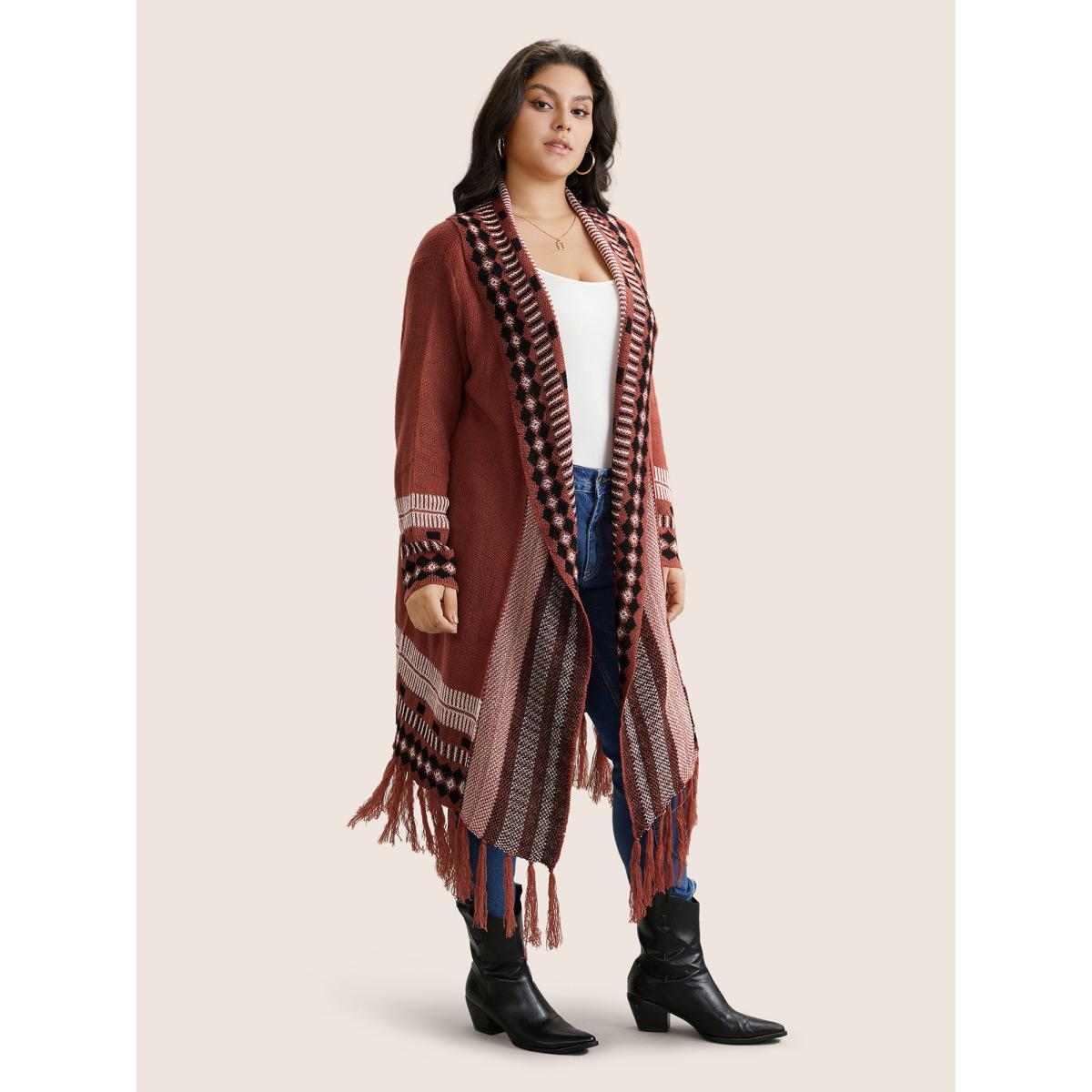 Plus Size Bandana Print Fringe Trim Maxi Cardigan Rust Women Casual Long Sleeve Everyday Cardigans BloomChic 30/6X Product Image
