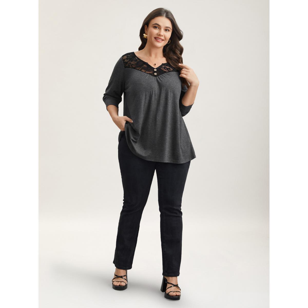 Plus Size Lace Neck Buttons Pleated T-Shirt DimGray Women Elegant Gathered Notched collar Everyday T-shirts BloomChic 30/6X Product Image