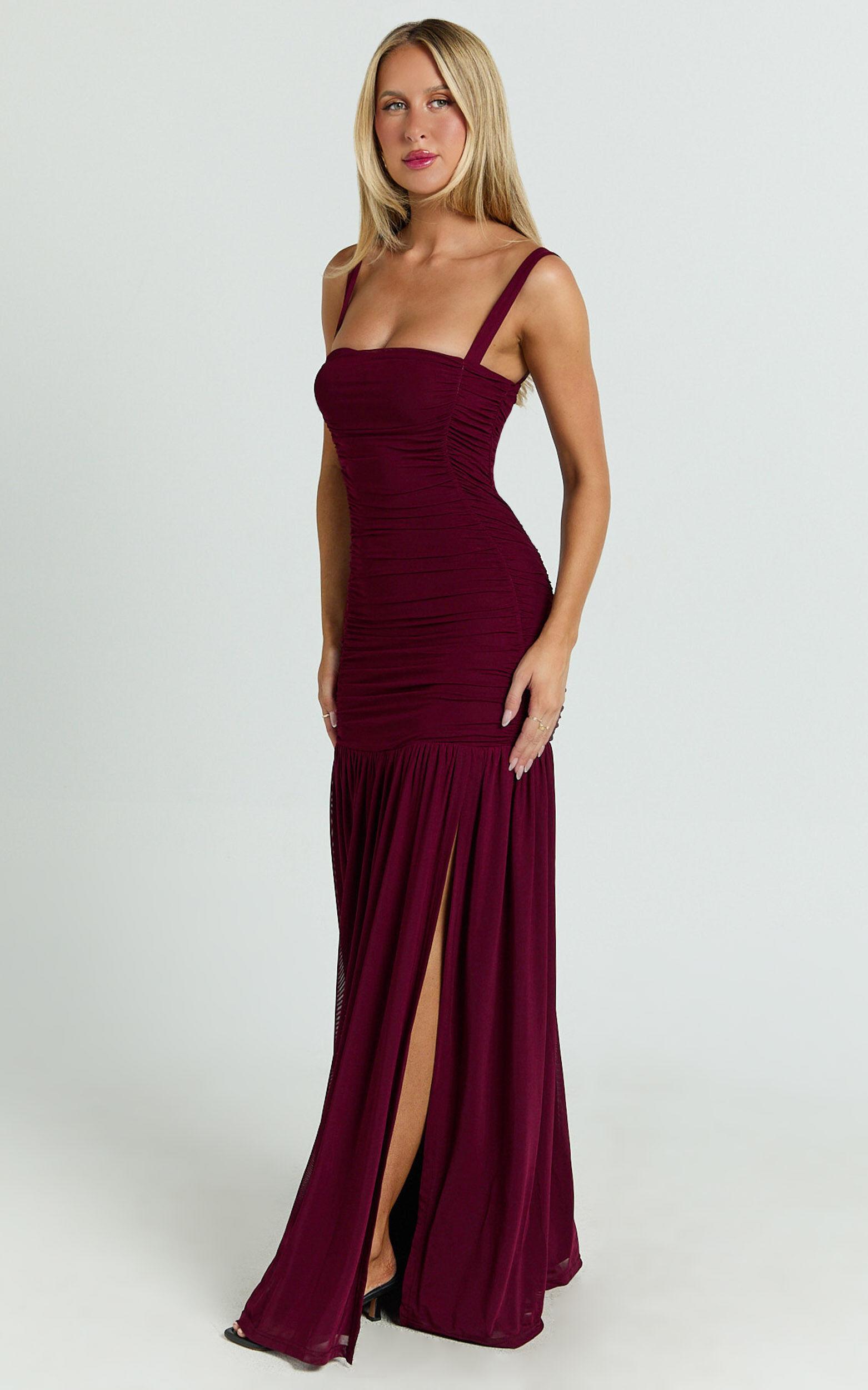 Cardi Maxi Dress - Ruched Mesh High Leg Split Dress in Wine Product Image