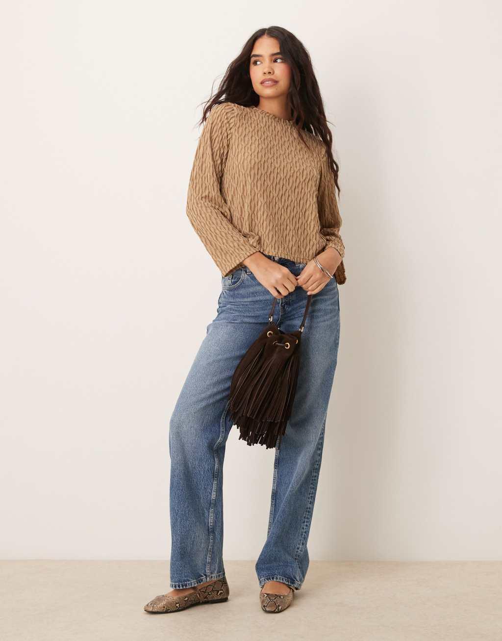 VILA long sleeve textured top in gold yellow Product Image