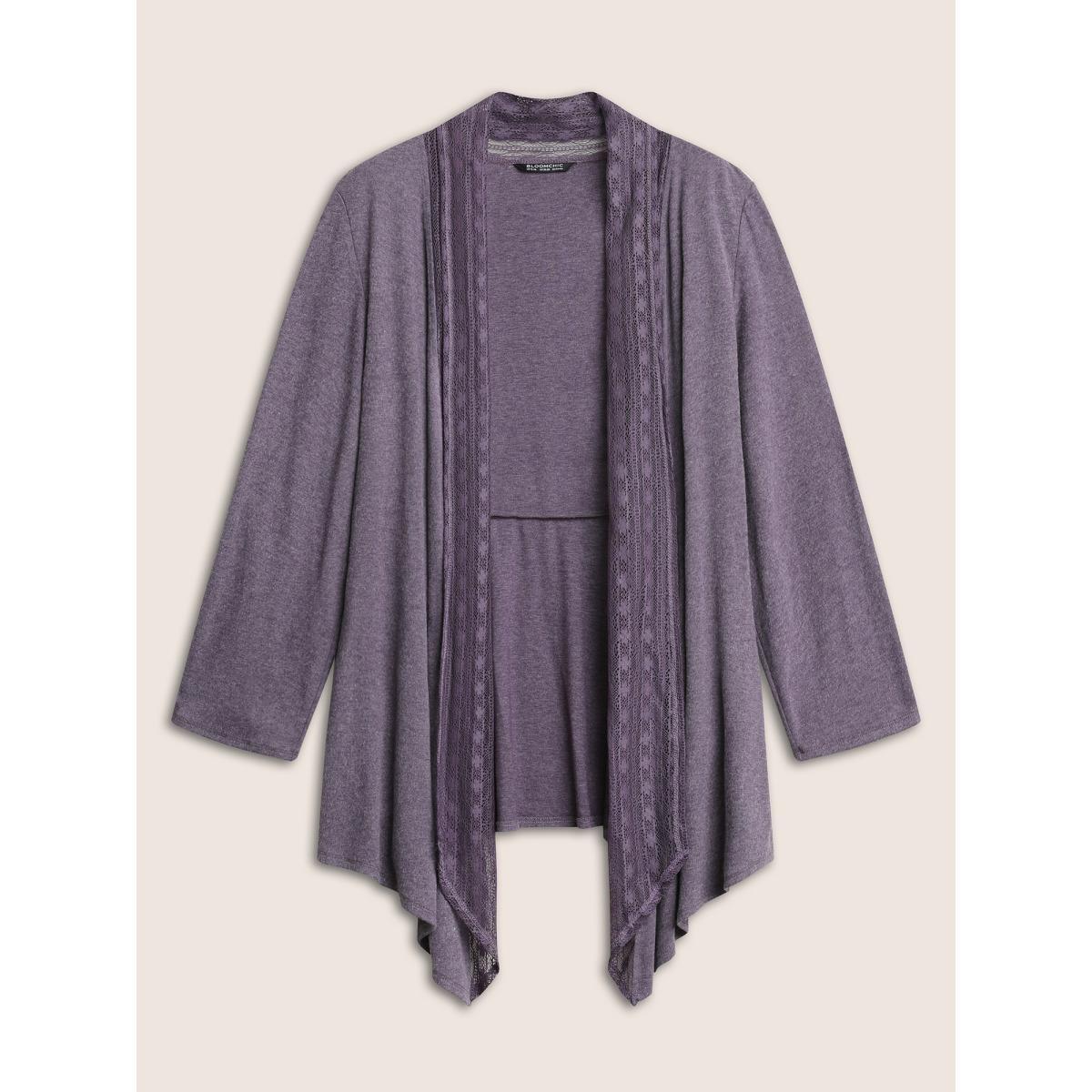Plus Size Lace Panel Roll Tab Sleeve Open Front Kimono Women Mauve Elegant Woven ribbon&lace trim Everyday Kimonos BloomChic 28/5X Product Image