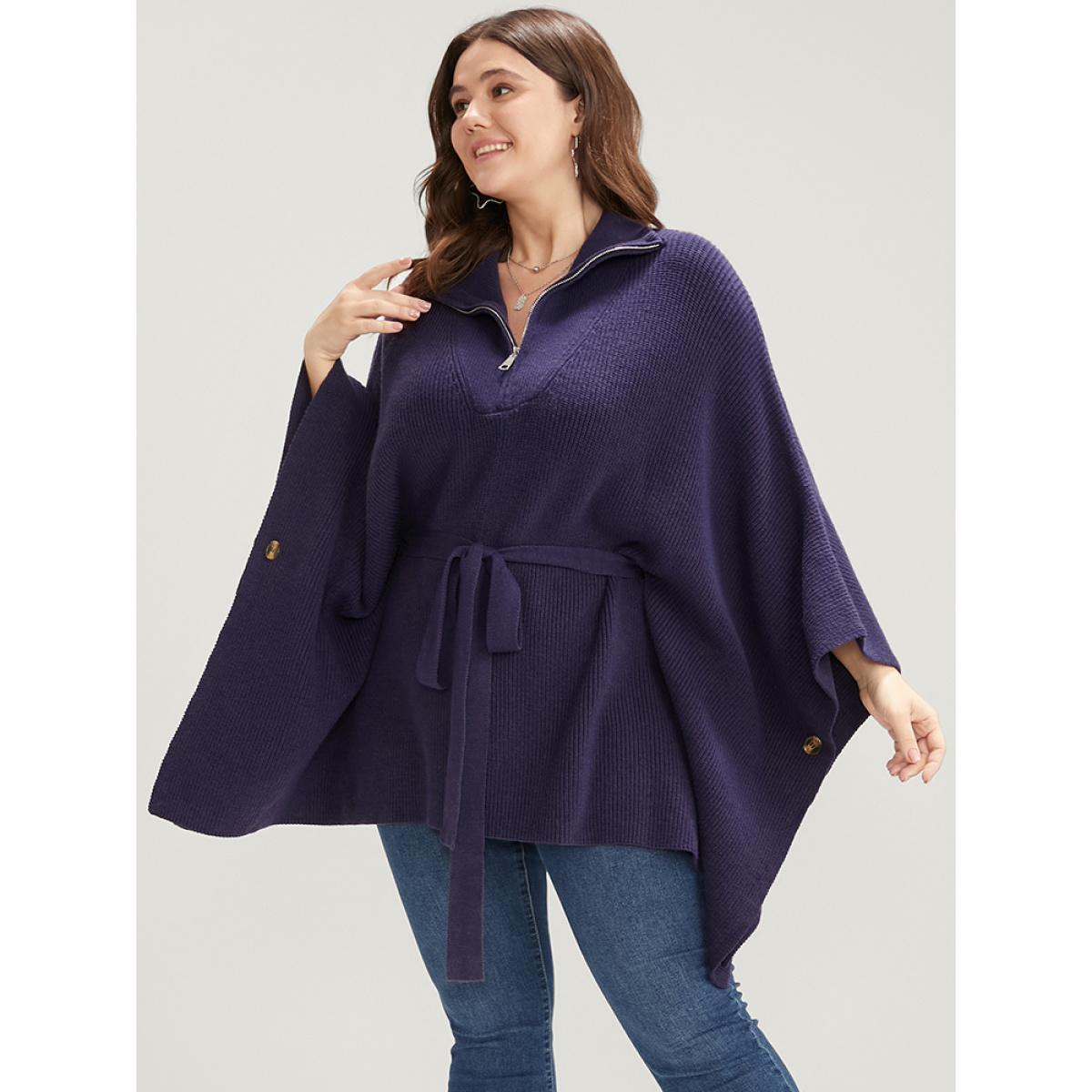 Plus Size Soft Pointelle Knit Dolman Sleeve Belted Zipper Knit Top Eggplant Women Casual Loose Cap Sleeve Mock Neck Dailywear Pullovers BloomChic 10/M Product Image