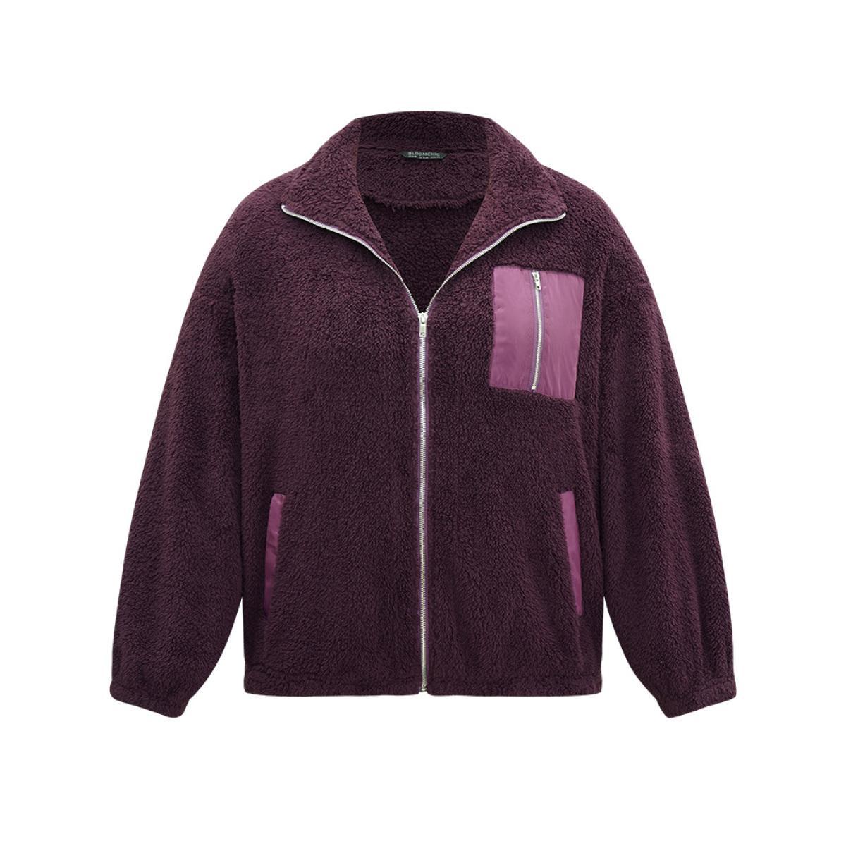 Plus Size Contrast Zipper Pocket Teddy Jacket Women Purple Elastic cuffs Pocket Dailywear Jackets BloomChic 18-20/2X Product Image