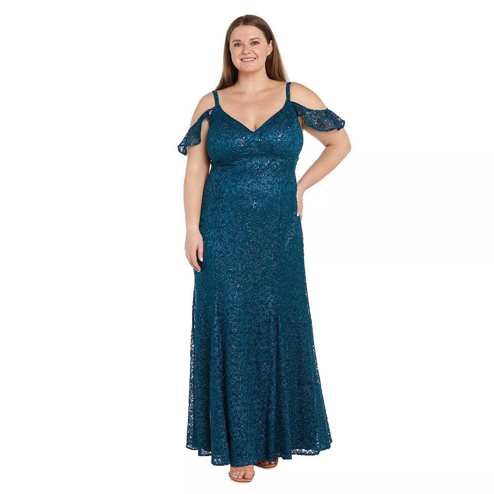 Plus Size R&M Richards Long Sequin Flutter Sleeve Lace Dress, Women's, Size: 14 W, Peacock Product Image