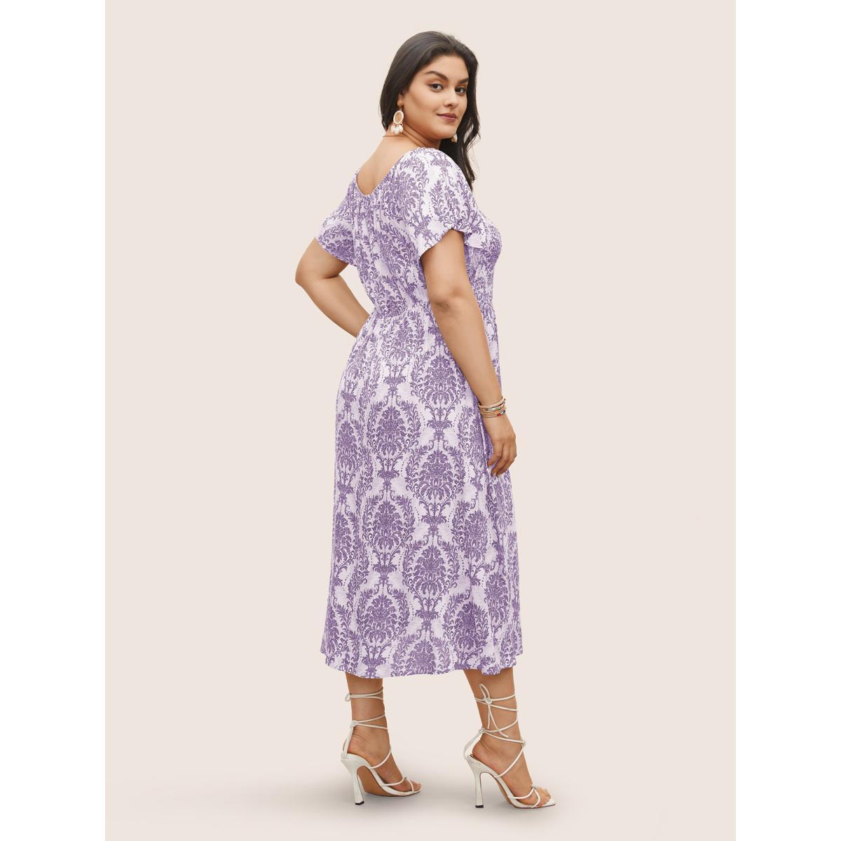 Plus Size Bandana Print Shirred Off Shoulder Dress Lavender Women Resort Non One-shoulder neck Short sleeve Curvy Midi Dress BloomChic 26/4X Product Image