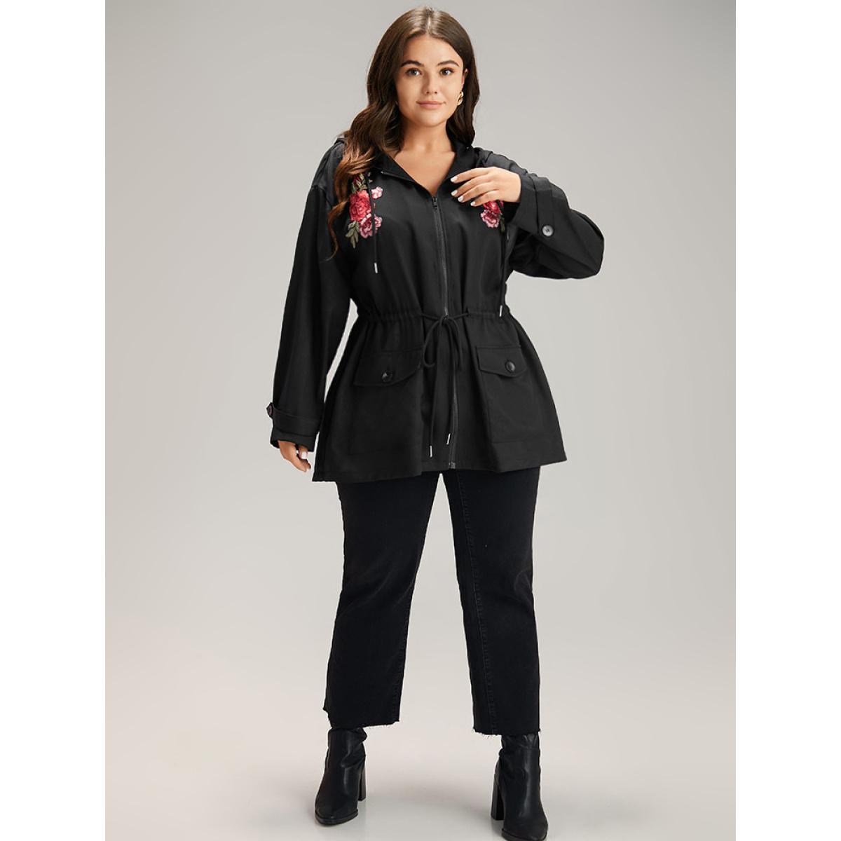 Plus Size Floral Embroidered Elastic Waist Hooded Drawstring Coat Women Black Zipper Pocket Dailywear Jackets BloomChic 30/6X Product Image