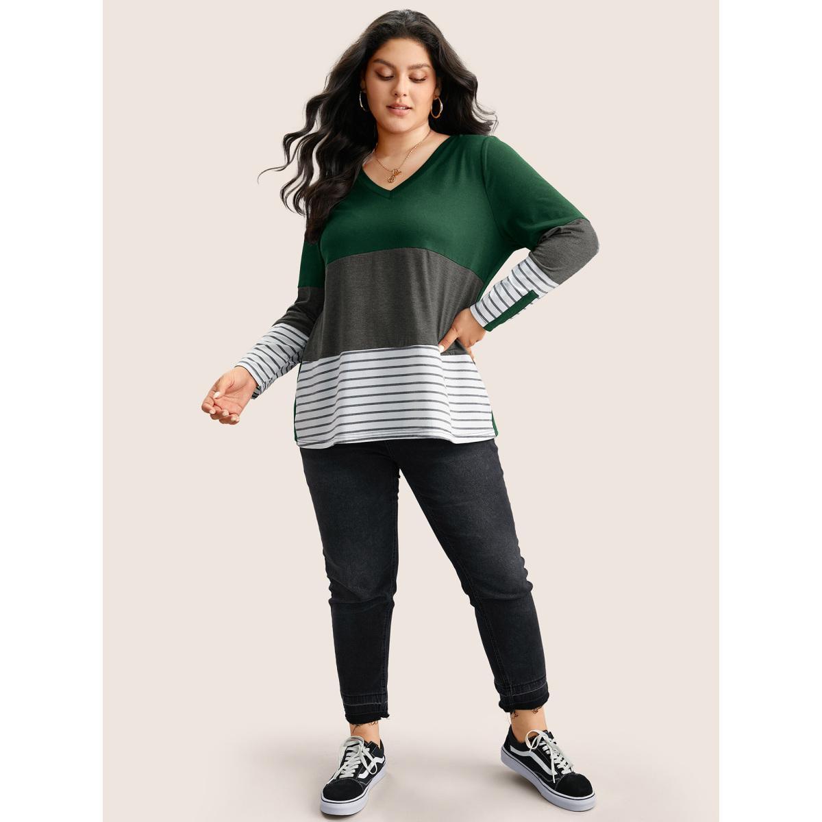 Plus Size Colorblock Contrast Striped V Neck T-shirt DarkGreen Women Casual Contrast Striped V-neck Everyday T-shirts BloomChic 18-20/2X Product Image