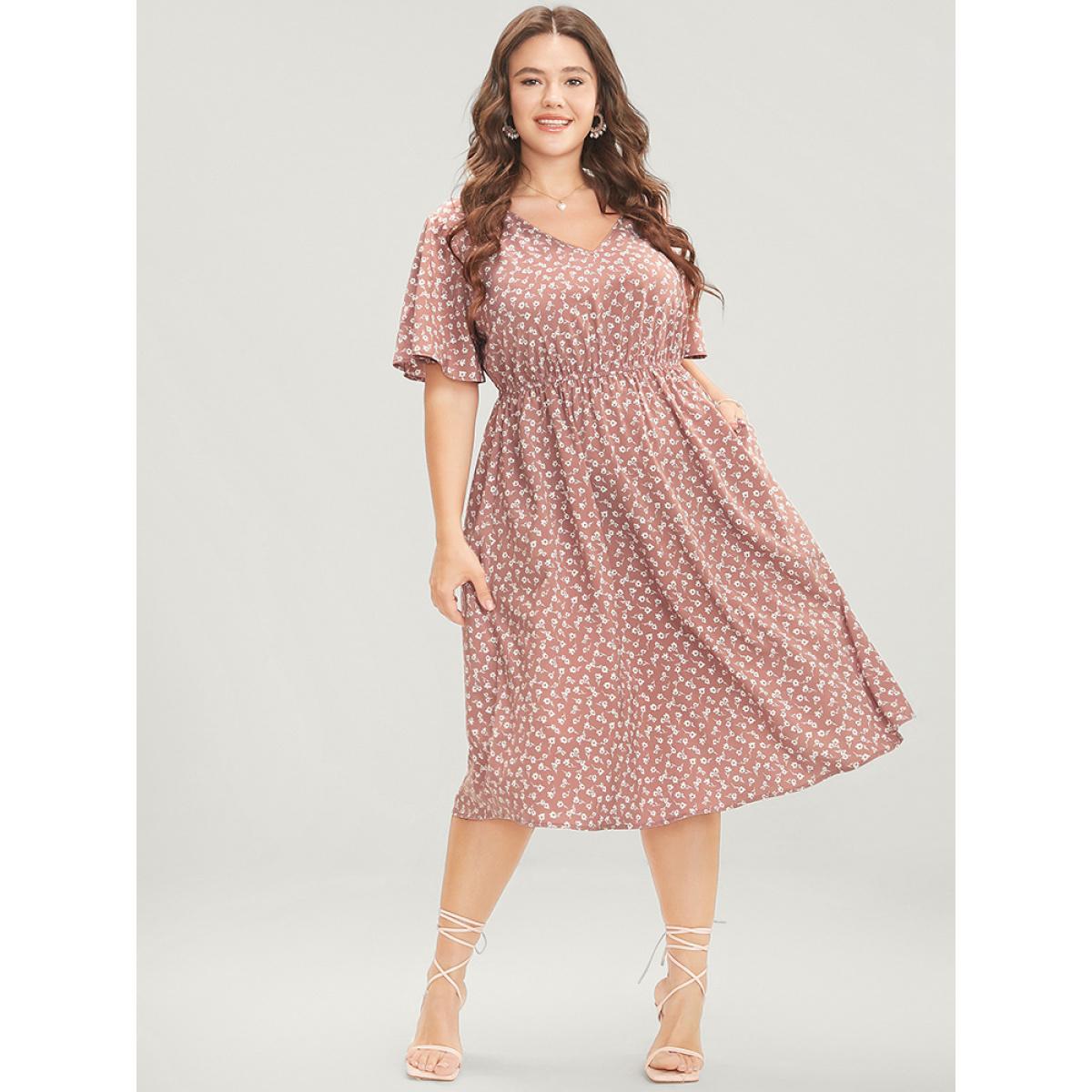 Plus Size Ditsy Floral Ruffles Pocket Elastic Waist V Neck Midi Dress DustyPink Women Elegant Elastic Waist V-neck Short sleeve Curvy Midi Dress BloomChic 12/L Product Image