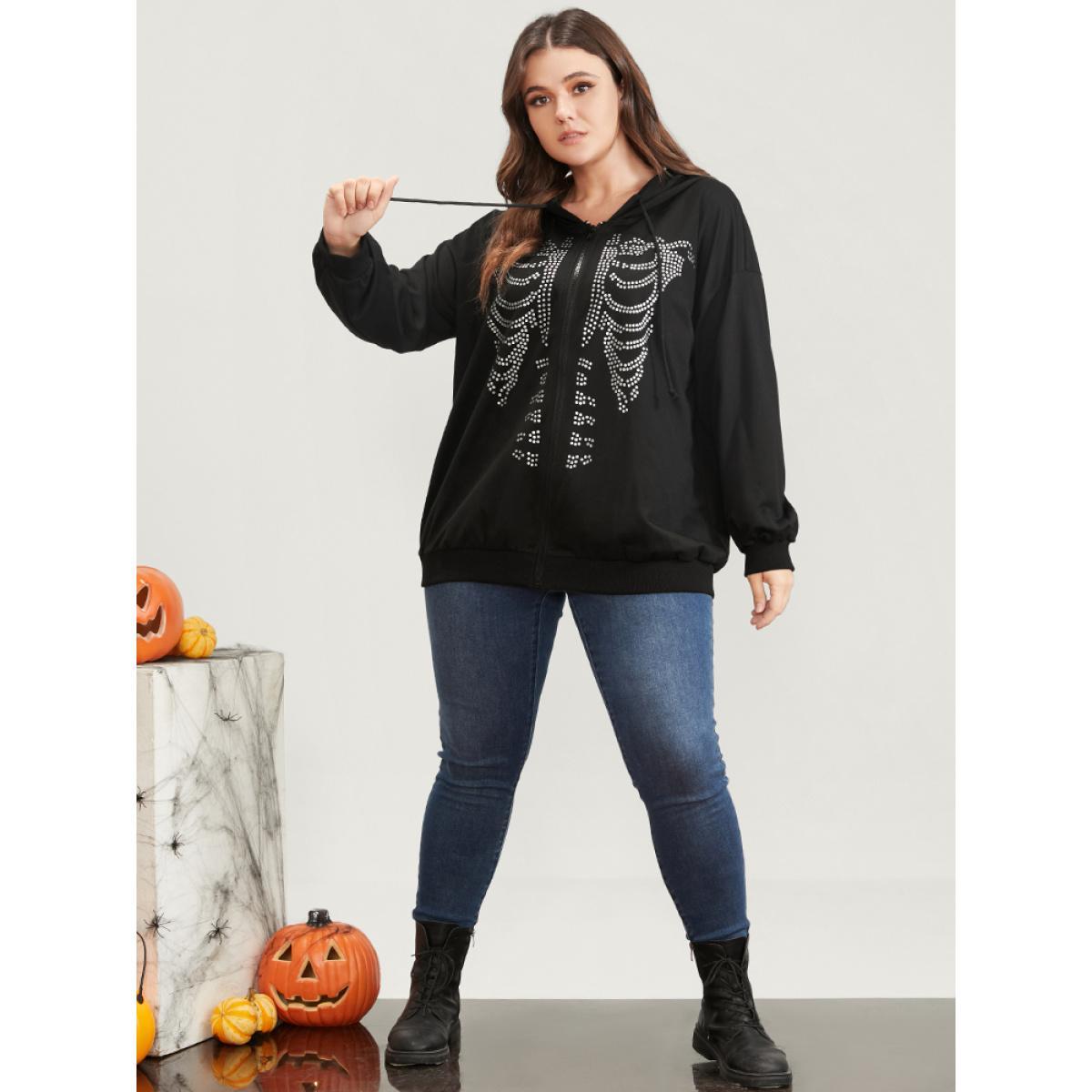 Plus Size Halloween Skeleton Print Zip Up Drawstring Hooded Sweatshirt Women Black Casual Printed Hooded Dailywear Sweatshirts BloomChic 30/6X Product Image
