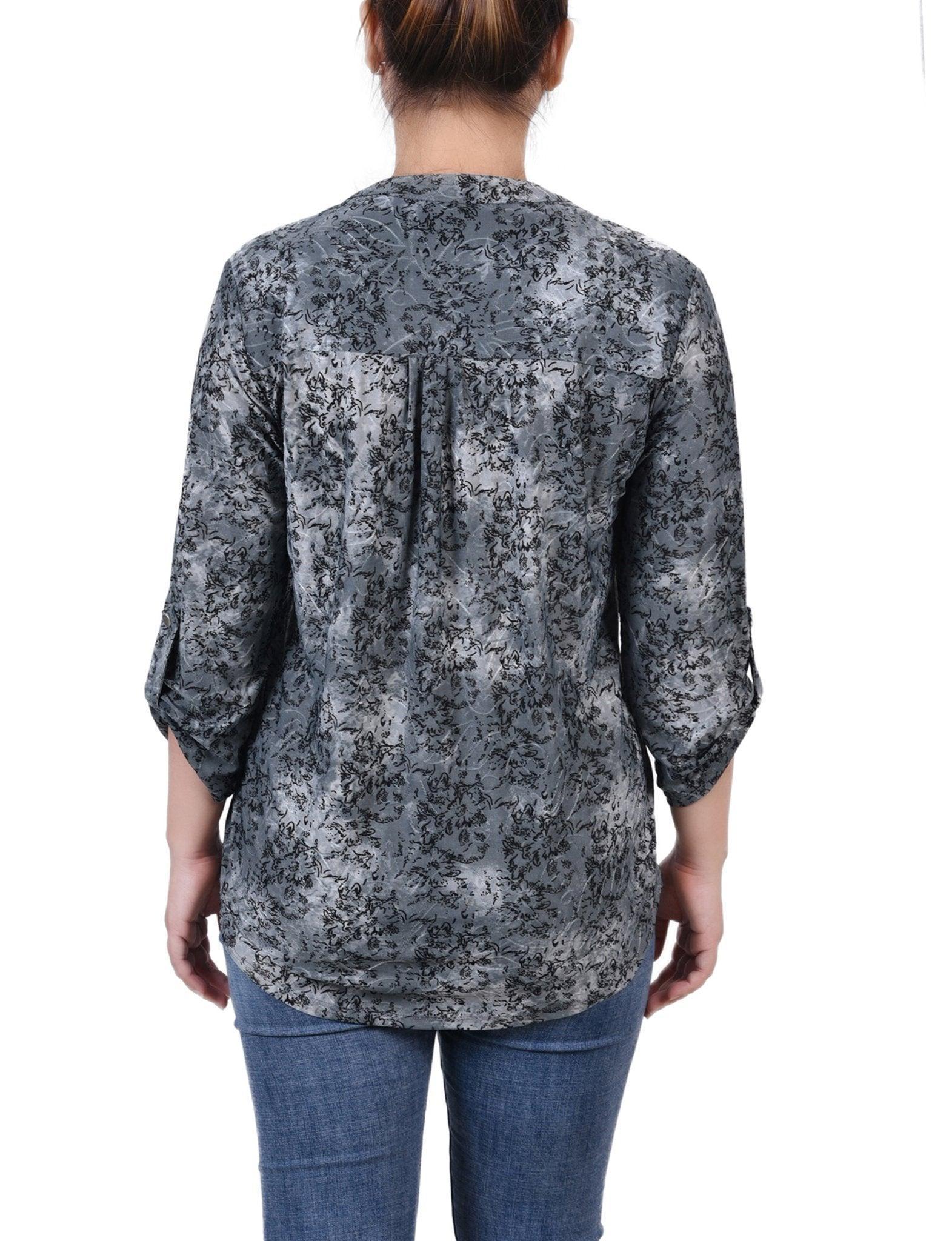 Grey Floral 3/4 Sleeve Roll Tab Y Neck Top - Petite Product Image