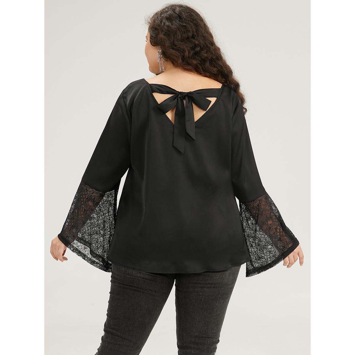 Plus Size Black Halloween Lace Patchwork Ties Bell Sleeve Blouse Women Elegant Long Sleeve V-neck Festival-Halloween Blouses BloomChic 28/5X Product Image