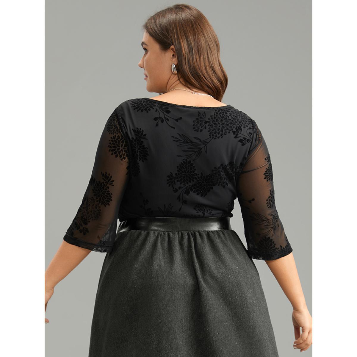 Plus Size Black Flocking Round Neck Crochet Lace Mesh T-shirt Women Office Elbow-length sleeve Round Neck Work Blouses BloomChic 12/L Product Image