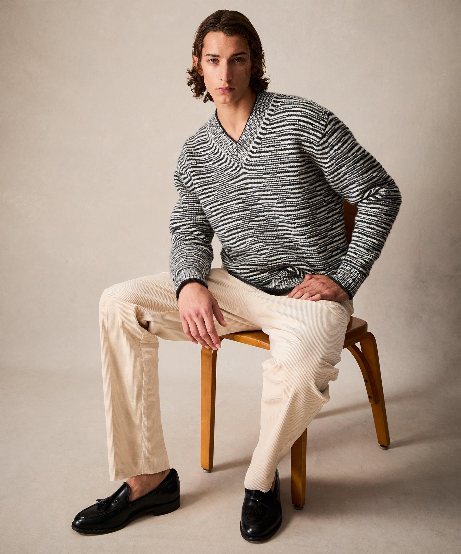 Merino Striped V-Neck Sweater in Charcoal Product Image