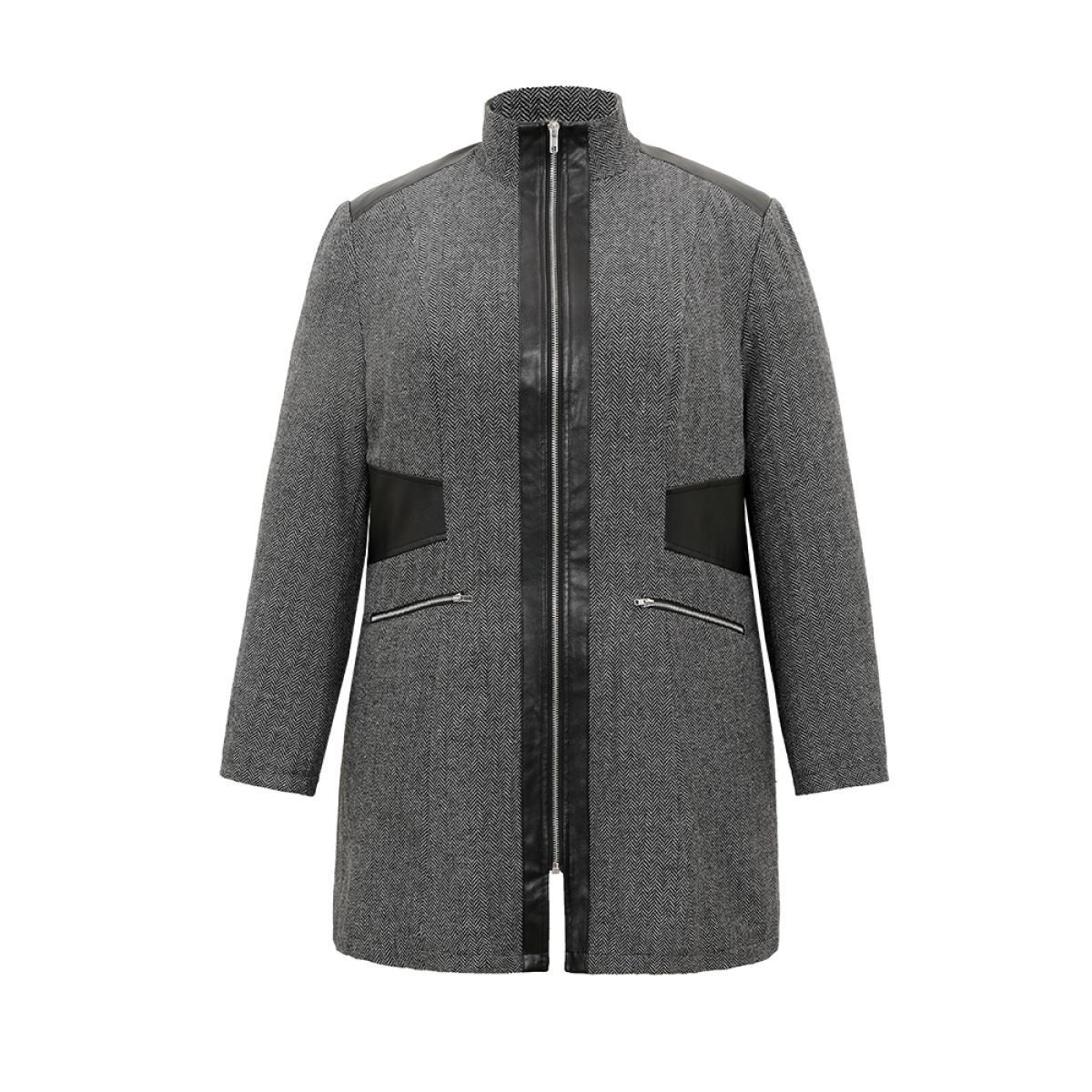 Plus Size Padded Patchwork PU Leather Zipper Coat Women Black Casual Texture Ladies Dailywear Winter Coats BloomChic 12/L Product Image