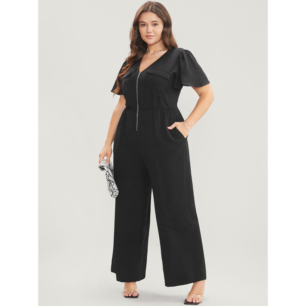 Plus Size Black Solid Zip Up Pocket Ruffle Sleeve Jumpsuit Women Office Short sleeve V-neck Work Loose Jumpsuits BloomChic 26/4X Product Image