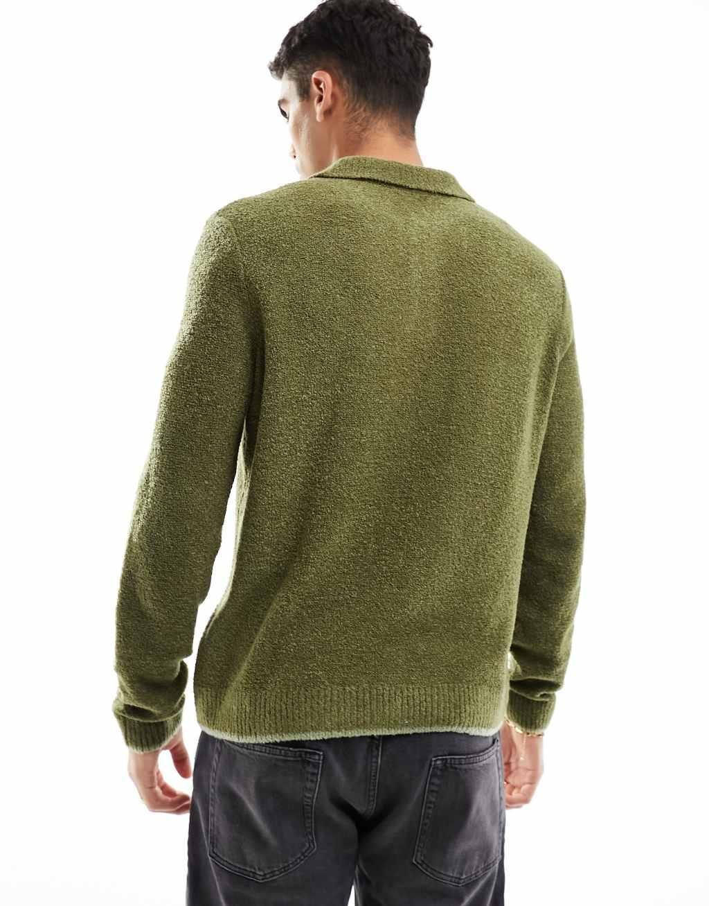 ASOS DESIGN relaxed knit textured polo sweater in dark green Product Image