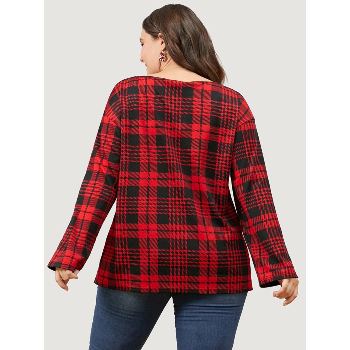 Plus Size Plaid Round Neck Bell Sleeve Sweatshirt Women Scarlet Elegant Round Neck Dailywear Sweatshirts BloomChic 26/4X Product Image