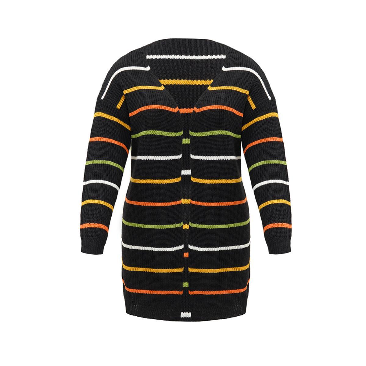 Plus Size Contrast Striped Open Front Loose Cardigan Black Women Casual Loose Long Sleeve Dailywear Cardigans BloomChic 22-24/3X Product Image