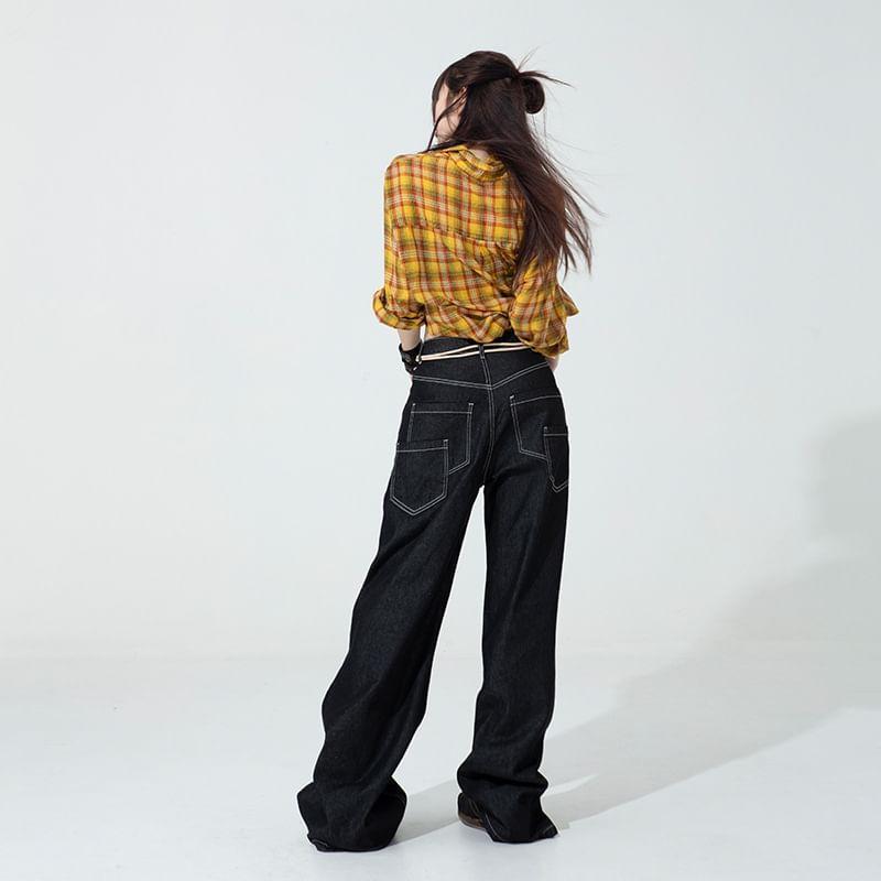 Low Waist Unwashed Panel Wide Leg Jeans (Various Designs) Product Image