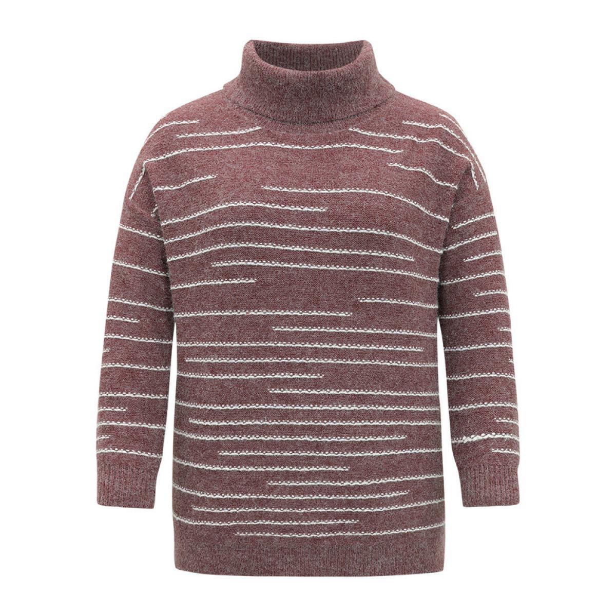 Plus Size Striped Heather Turtleneck Split Hem Pullover Burgundy Women Casual Loose Long Sleeve Turtleneck Everyday Pullovers BloomChic 10/M Product Image