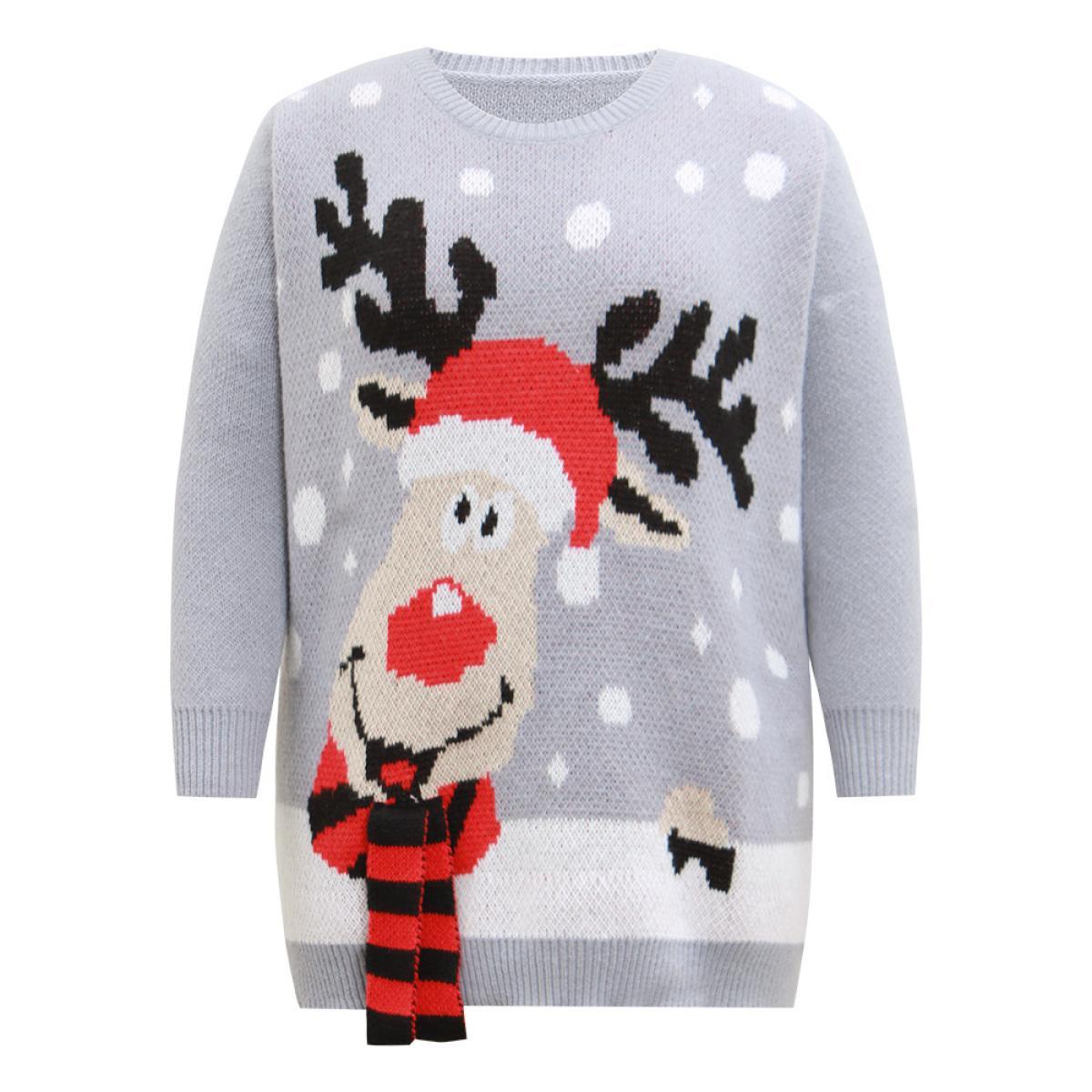 Plus Size Christmas Elk Crew Neck Elastic Cuffs Pullover DarkGray Women Casual Loose Long Sleeve Round Neck Festival-Christmas Pullovers BloomChic 30/6X Product Image