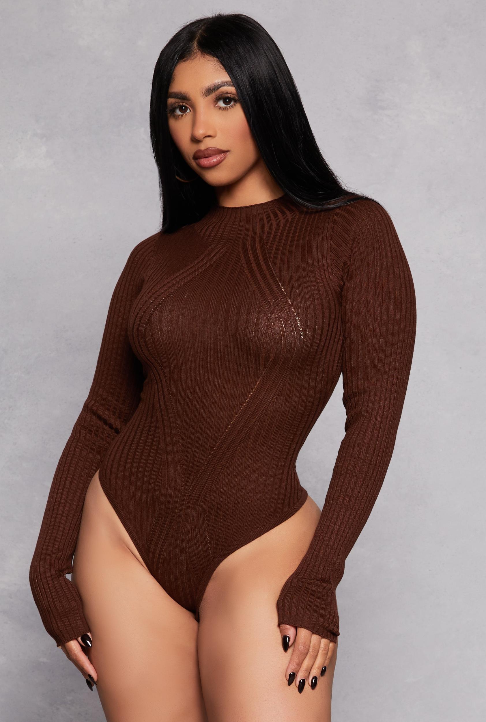 Womens Ribbed Long Sleeve Mock Neck Bodysuit Product Image