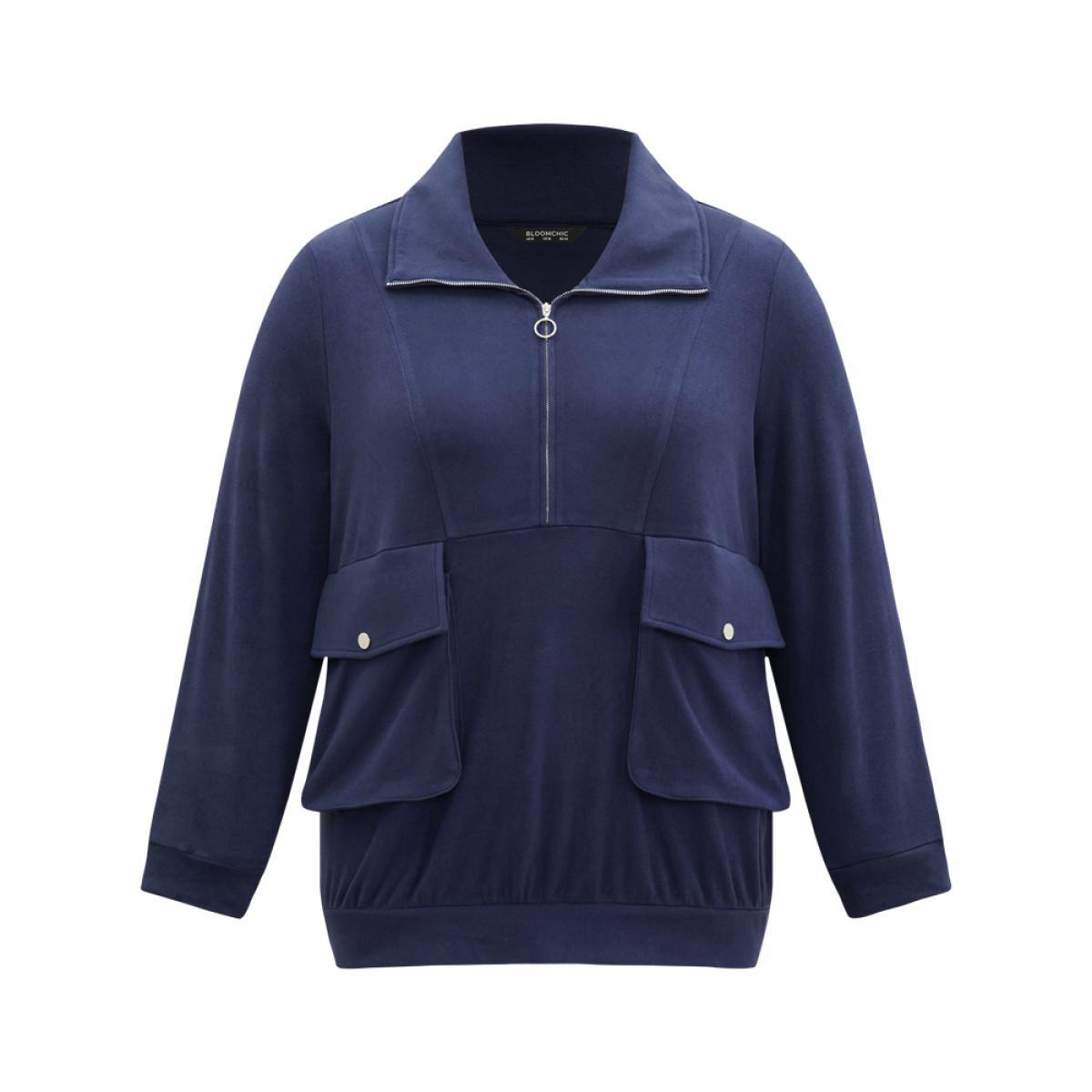 Plus Size Solid Flap Pocket Half Zip Sweatshirt Women Blue Casual Plain Lapel Collar Dailywear Sweatshirts BloomChic 30/6X Product Image