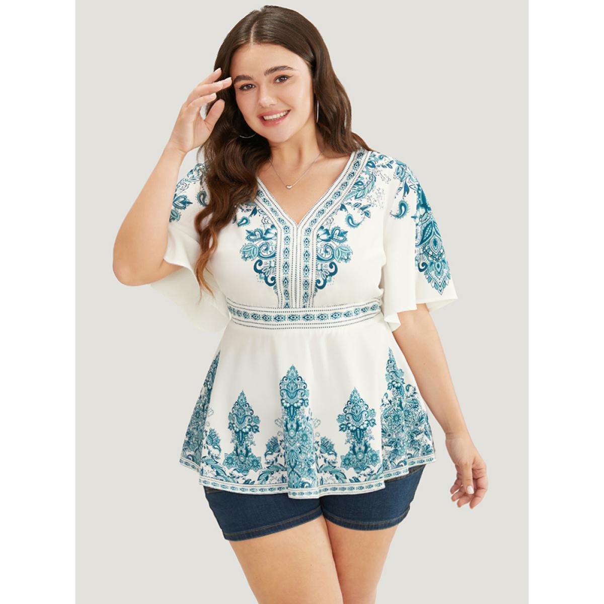 Plus Size Cerulean Bandana Print Ruffles Elastic Waist Blouse Women Vacation Short sleeve V-neck Dailywear Blouses BloomChic 28/5X Product Image