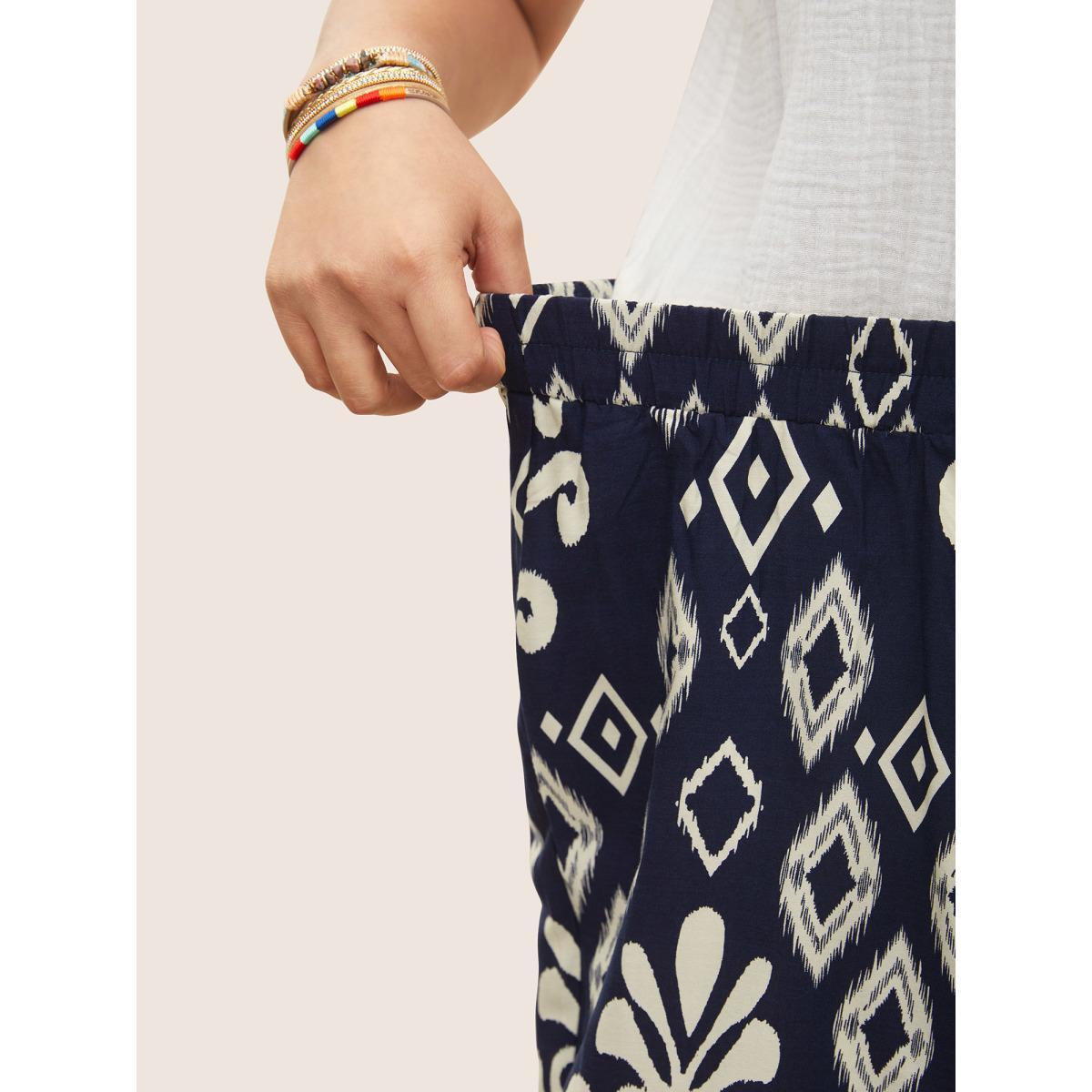 Plus Size Bandana Tassel Trim Elastic Waist Wide Leg Pants Women Navy Resort Wide Leg High Rise Vacation Pants BloomChic 12/L Product Image