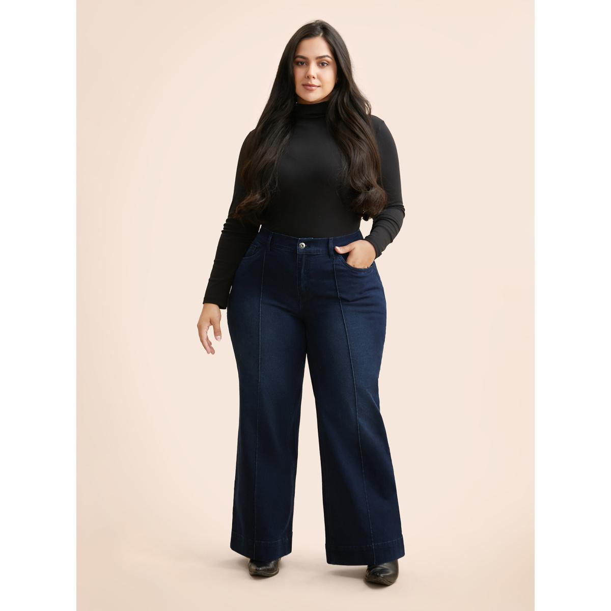 Plus Size Dark Wash Seam Detail Wide Leg Jeans Women Denimindigo Casual Medium stretch Slanted pocket Jeans BloomChic 26/4X Product Image