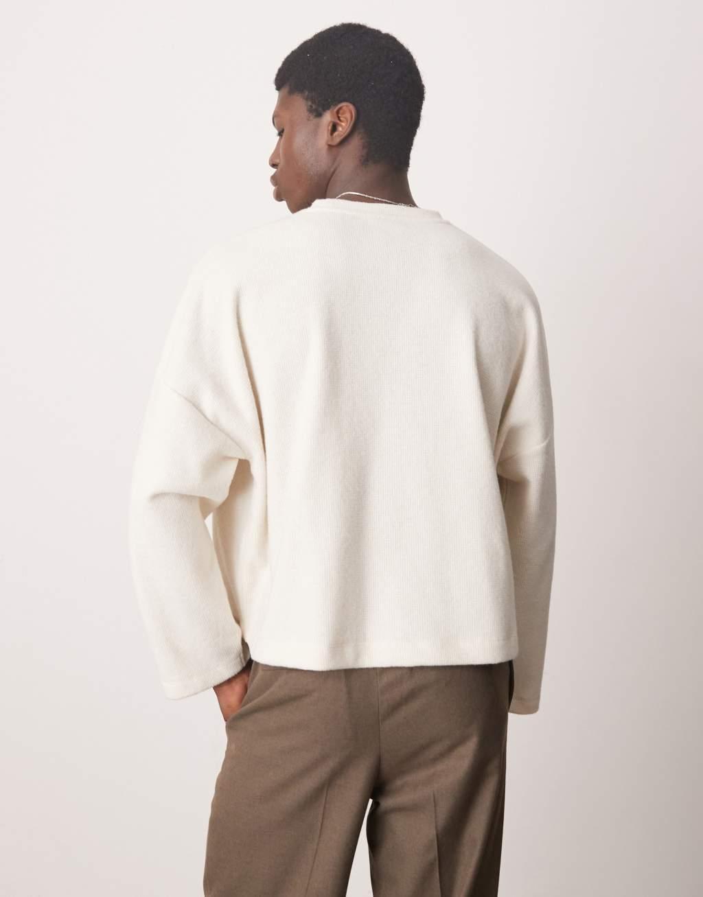 ASOS DESIGN super oversized cropped long sleeve t-shirt in brushed waffle in off white Product Image
