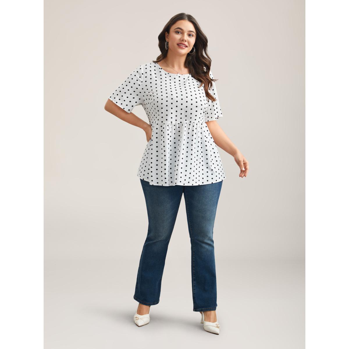 Plus Size Originalwhite Polka Dot Button-Back Flared Shirt Women Elegant Short sleeve Round Neck Everyday Blouses BloomChic 14-16/1X Product Image