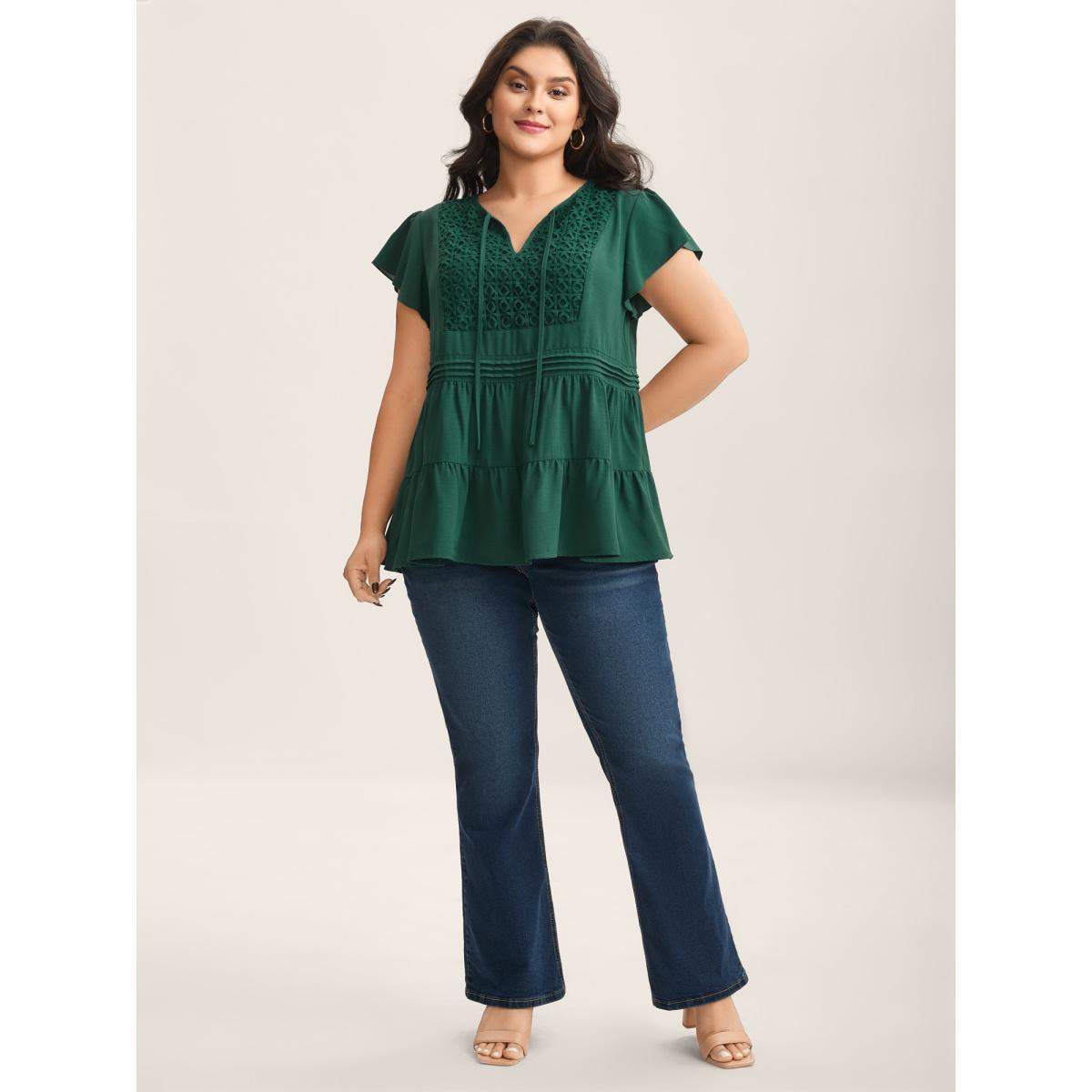 Plus Size DarkGreen Textured Lace Tiered Solid Blouse Women Cap Sleeve V-neck Everyday-Elegant Blouses BloomChic 14-16/1X Product Image