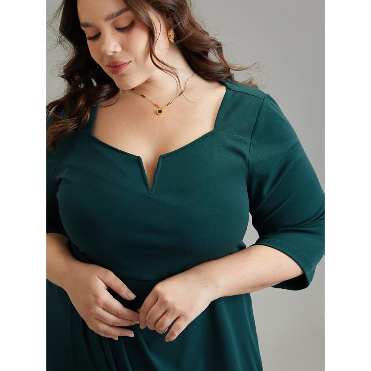 Plus Size Solid Notched Pleated Wrap Hem Dress Cyan Women Elegant Wrap Notched collar Elbow-length sleeve Curvy Midi Dress BloomChic 12/L Product Image