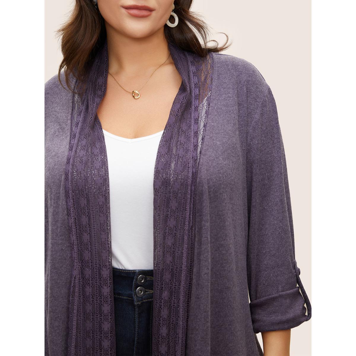 Plus Size Lace Panel Roll Tab Sleeve Open Front Kimono Women Mauve Elegant Woven ribbon&lace trim Everyday Kimonos BloomChic 28/5X Product Image