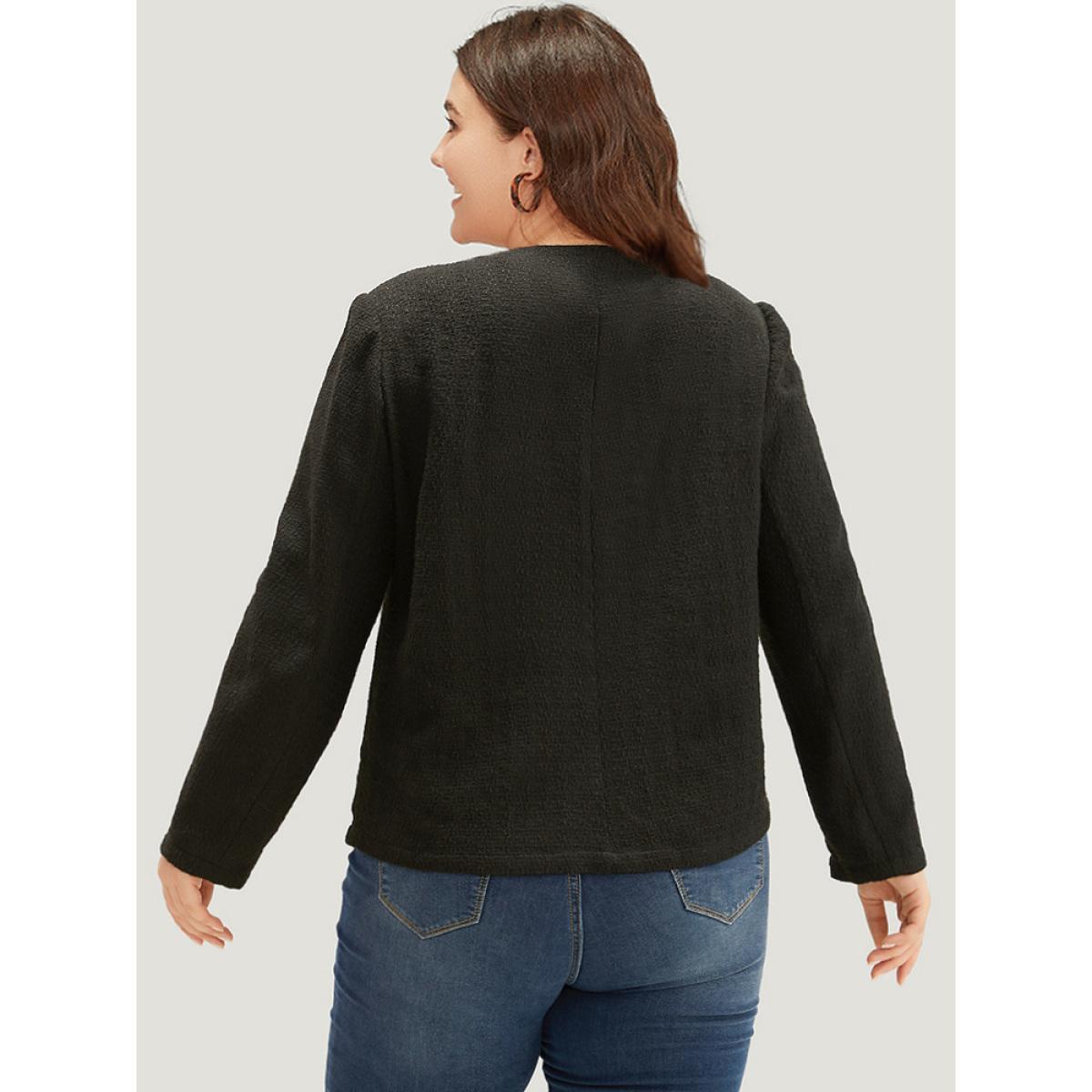 Plus Size Plain Tweed Texture Buckle Detail Blazer Women Black Texture Work Jackets BloomChic 18-20/2X Product Image