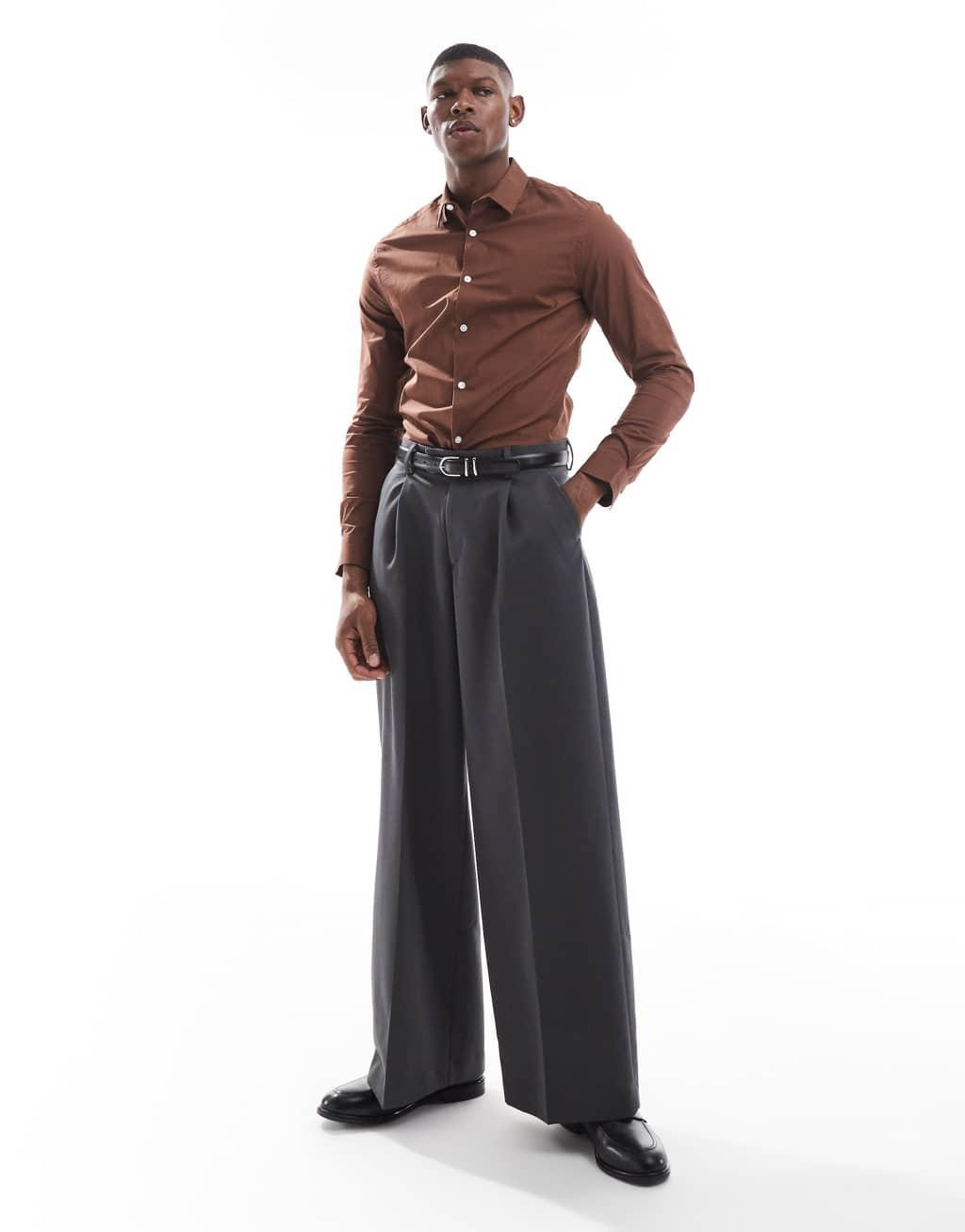  ASOS DESIGN skinny poplin shirt with square collar in brown Product Image