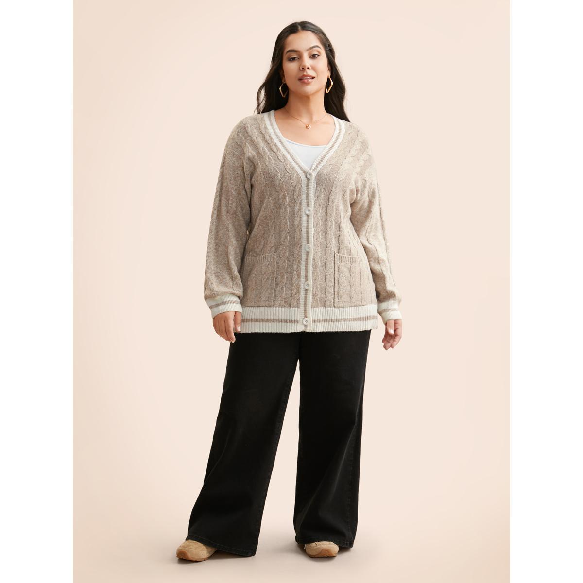 Plus Size Contrast Trim Cable Knit Pocket Cardigan Champagne Women Casual Loose Long Sleeve Everyday Cardigans BloomChic 18-20/2X Product Image
