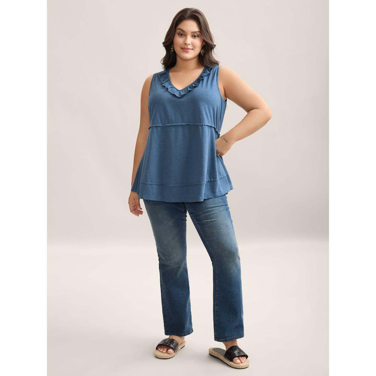 Plus Size Lotus Neckline Bamboo Tank Top Women Mediumblue Tucked seam V-neck Vacation Tank Tops Camis BloomChic 10/M Product Image