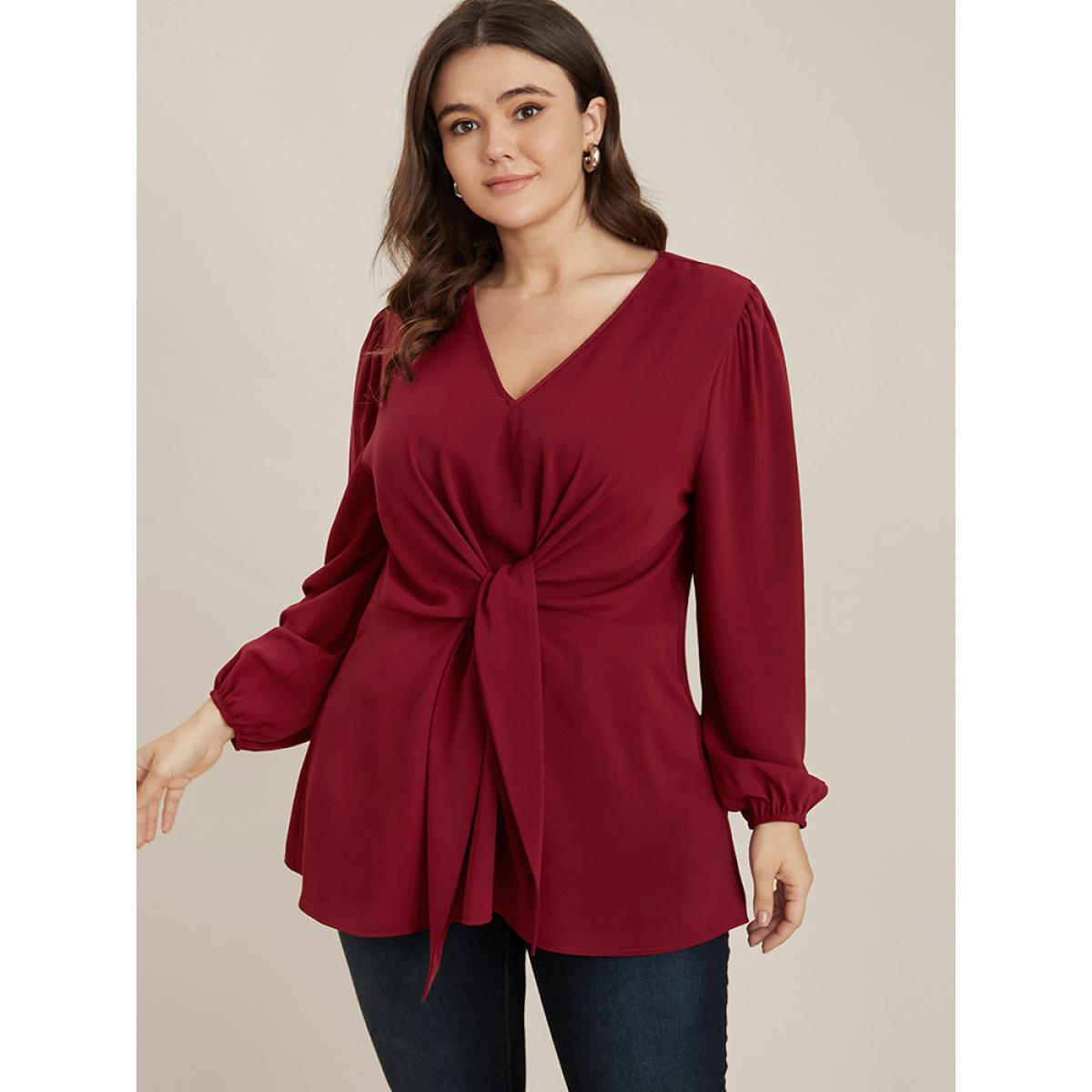 Plus Size Burgundy Solid V Neck Lantern Sleeve Knotted Front Blouse Women Elegant Long Sleeve V-neck Dailywear Blouses BloomChic 14-16/1X Product Image