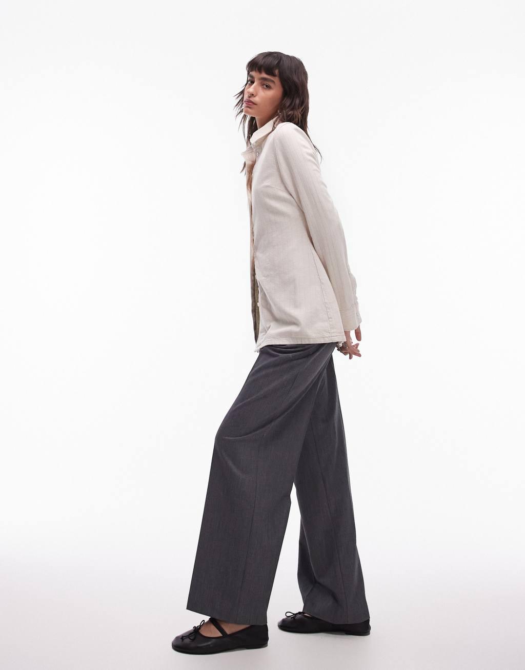 Topshop denim slim fit shirt in ecru stripe Product Image