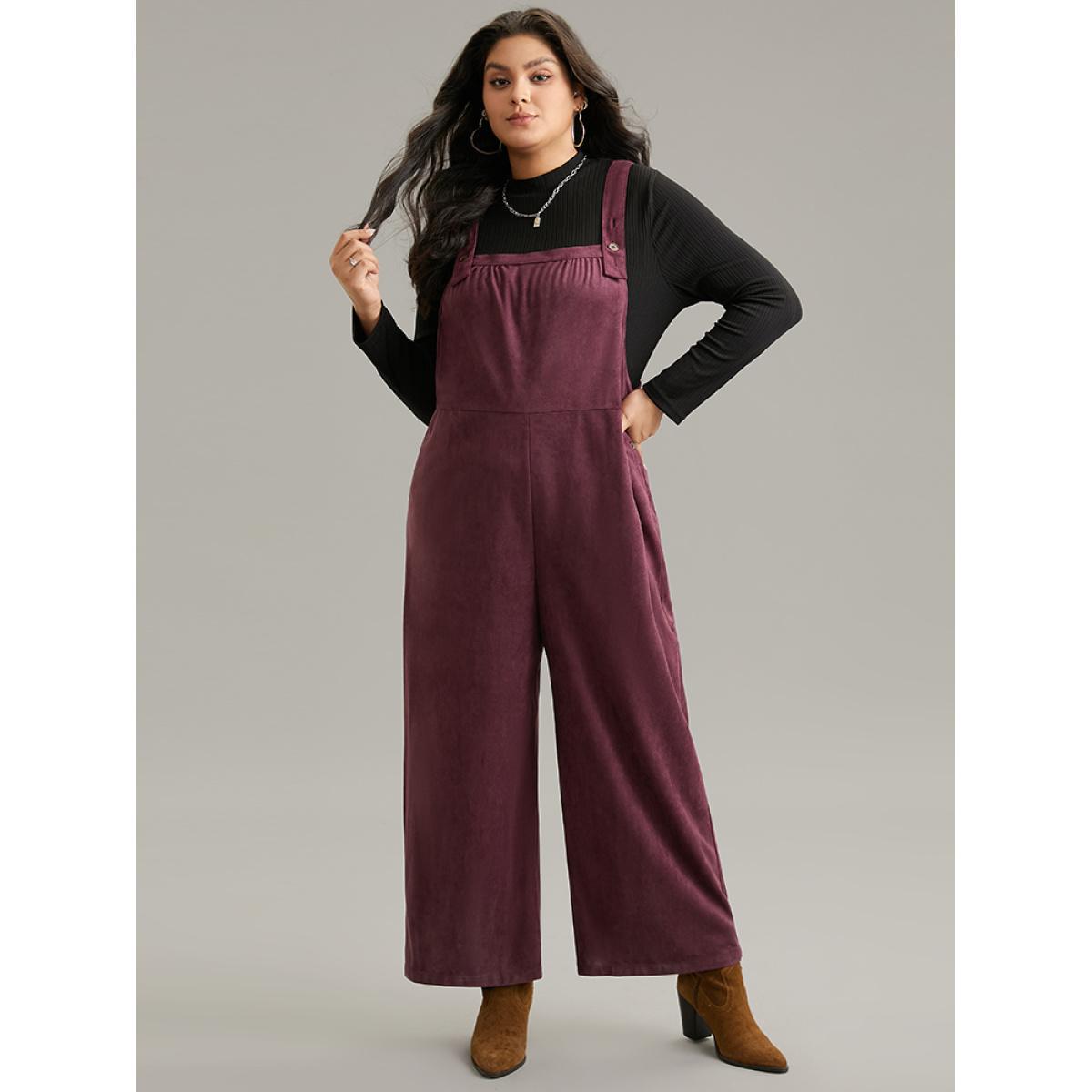 Plus Size Burgundy Plain Button Up Adjustable Straps Jumpsuit Women Casual Sleeveless Spaghetti Strap Dailywear Loose Jumpsuits BloomChic 10/M Product Image