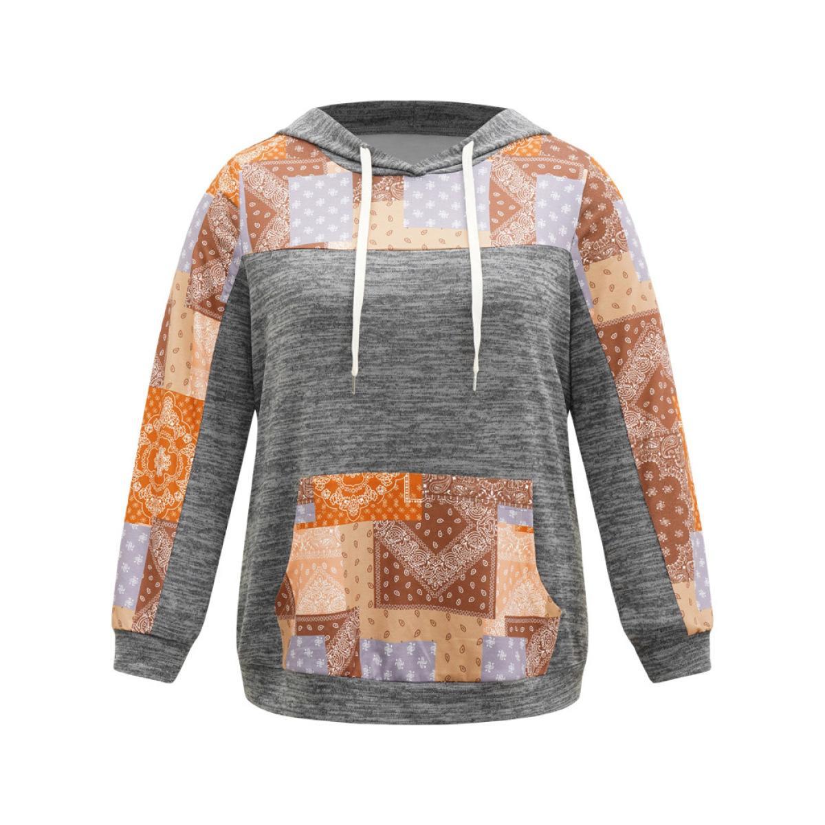 Plus Size Boho Print Contrast Heather Hooded Sweatshirt Women DimGray Casual Contrast Hooded Dailywear Sweatshirts BloomChic 14-16/1X Product Image