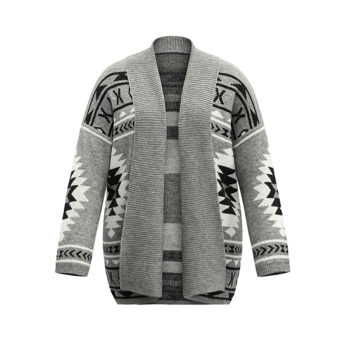 Plus Size Bandana Print Lapel Collar Open Front Cardigan Gray Women Casual Loose Long Sleeve Everyday Cardigans BloomChic 12/L Product Image