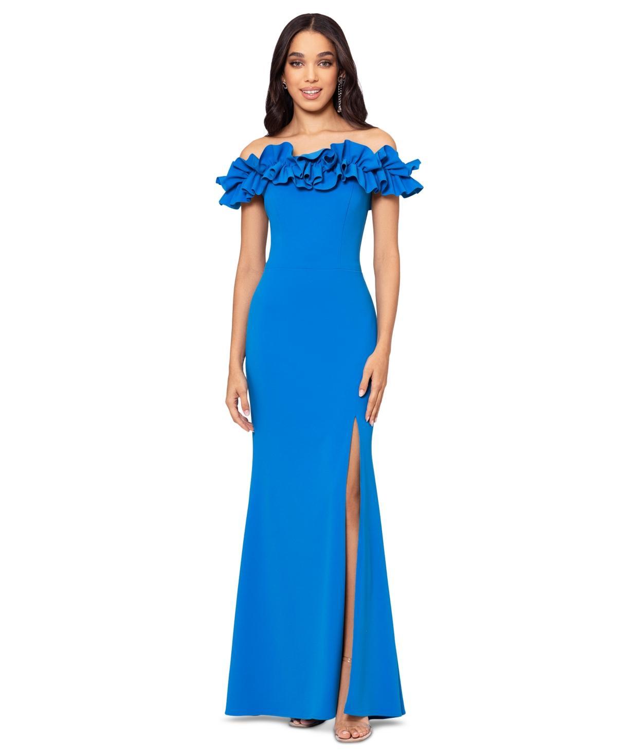 Xscape Petite Size Ruffled Off-the-Shoulder Short Sleeve Crepe Sheath Gown Product Image